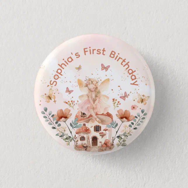 Enchanted Forest Mushroom Girl's First Birthday  Button