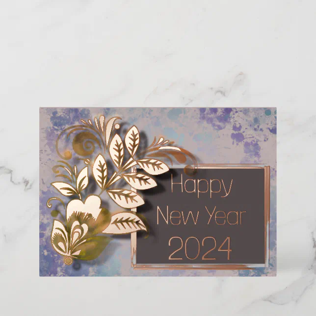 Leaves and flowers for a happy new year foil invitation