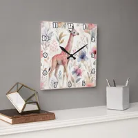 Giraffe among bright African flowers Square Wall Clock