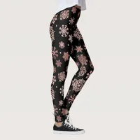 Elegant rose gold glitter xmas snowflakes on black leggings