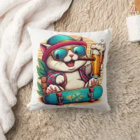 Cat with sunglasses celebrating on a skateboard throw pillow