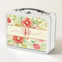 Vintage floral watercolor monogram elegant metal lunch box