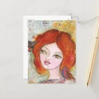 Mixed Media Girl Birds Vintage Look Whimsical Art Postcard