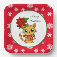 Merry Christmas | Orange Cat with Poinsettia     Paper Plates