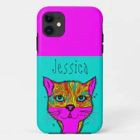 Custom Name Funky Colorful Cat Purple Teal iPhone 11 Case