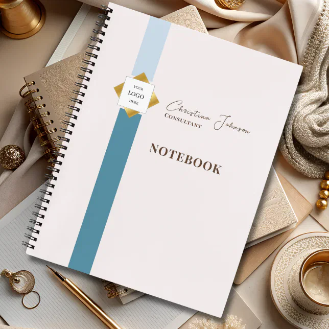 Trendy Teal Stripes Gold Logo Notebook