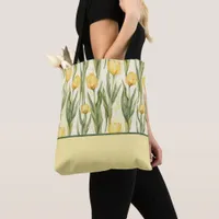 Watercolor Style Yellow Tulips, Color Block Tote Bag