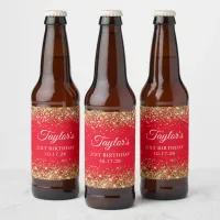 Gold Glitter Red 21st Birthday Beer Bottle Label