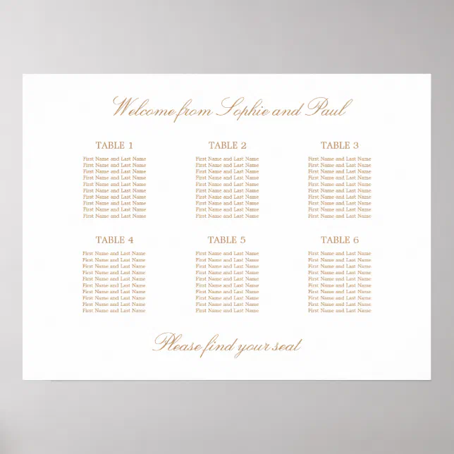 White Golden Beige 6 Table Wedding Seating Chart