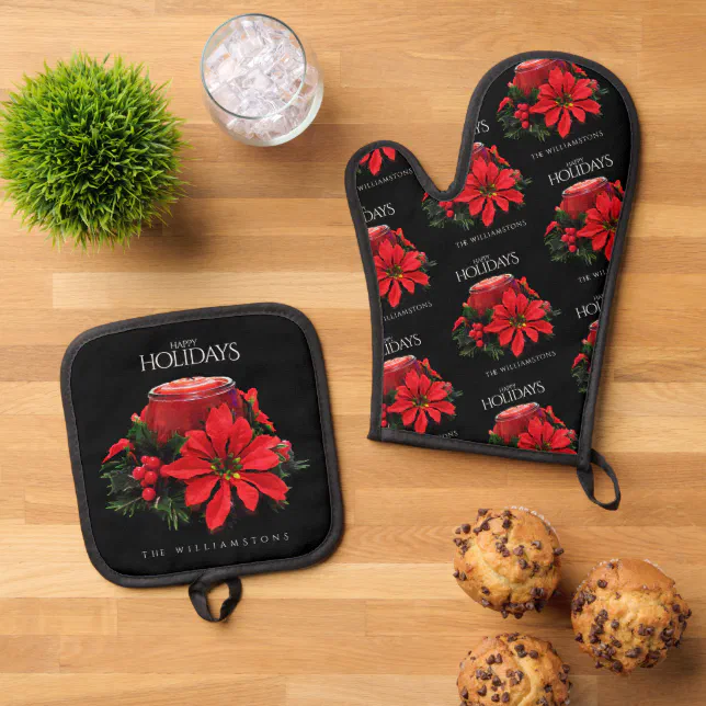 Festive Red Christmas Candle Holly Poinsettias Oven Mitt & Pot Holder Set