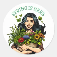 Spring is Here | Lady with Armful of Plants Classic Round Sticker