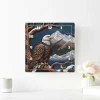 Majestic Eagle Perched Amidst Snowy Mountains Square Wall Clock