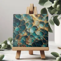 Elegant Teal and Gold Abstract Organic Ceramic Tile