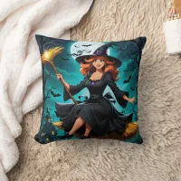 Witch flying through a moonlit night with bats throw pillow