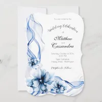 Elegant Dusty Blue Navy  Flowers Wedding  Invitation