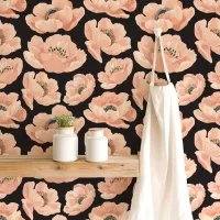 Peach Poppies On Black Elegant Floral Wallpaper