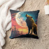 Majestic Wolf Howling Under a Cosmic Moonrise Throw Pillow