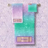 Mermaid Ombre Glitter Custom Name Bath Towel Set