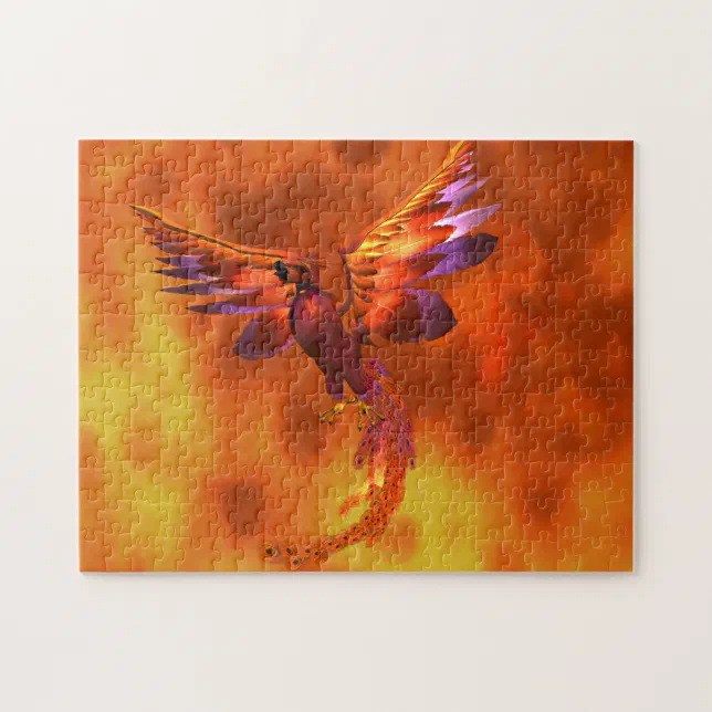Colorful Phoenix Flying Against a Fiery Background Jigsaw Puzzle