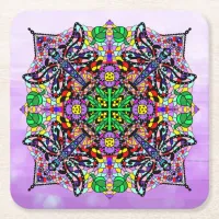 Dragonfly and Flower Themed Purple Colorful   Square Paper Coaster