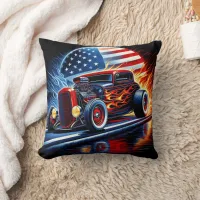 Flaming hot rod with American flag backdrop Throw Pillow