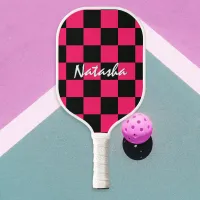 Cool Stylish Hot Pink Black Checkered Patterned Pickleball Paddle