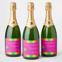 [Rainbow Crinkle Wedding] Heart Butterfly Pink Sparkling Wine Label