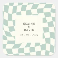 Retro Groovy Green Checkerboard Wedding Square Sticker