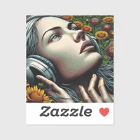 Beautiful Woman with Headphones in Sunflowers Sticker