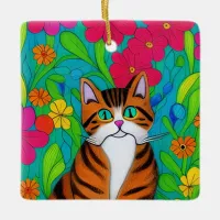 Ai Art Cat with Whimsical Flowers Christmas  Ceramic Ornament