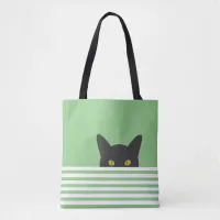 Curious Peeking Black Cat Green Stripe  Tote Bag