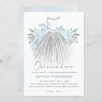 Dusty Blue Silver glitter Floral Dress Quincea&#241;era Invitation