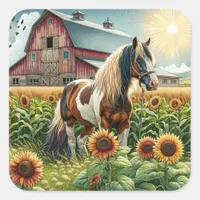 Spotted Horse, Rustic Barn, Sun Rising on Farm Square Sticker