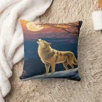 Howling Wolf Under Moonlit Sky at Dusk Throw Pillow