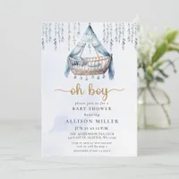 Oh Boy Blue Gold Crib Boho Boy Baby Shower  Invitation