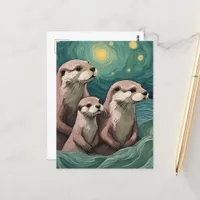 Momma Poppa and Baby Otter in the Ocean Postcard