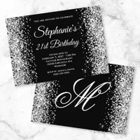 Silver Glitter Black Fancy Monogram 21st Birthday Invitation