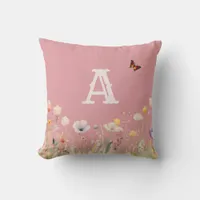 Pretty Colors Watercolor Wildflowers and Monogram Throw Pillow