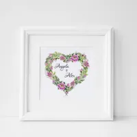 Watercolor Pink Rose Heart Border Bride and Groom Poster