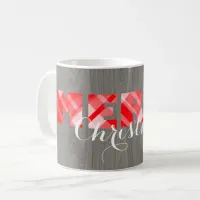 Merry Christmas Red Festive Plaid Script On Wood Coffee Mug