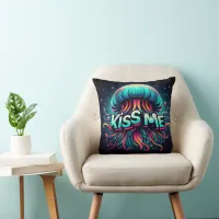 Colorful Jellyfish Illustration With Kiss Me Text  Throw Pillow