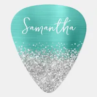 Silver Glitter Turquoise Glam Name Guitar Pick