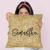 Gold Glitter Black Brush Script Throw Pillow