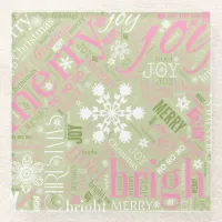 Christmas Text and Snowflake Pattern Pink ID257 Glass Coaster