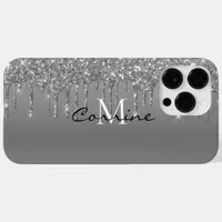 Custom Monogram Silver Glitter Drips Metallic Case-Mate iPhone 14 Pro Max Case