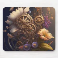 Steampunk Gears and Purple and White Flowers Mouse Pad