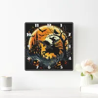 A witch rides under a spooky harvest moon square wall clock