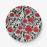 Pretty Floral Pattern in Red, Black and White Paper Plates