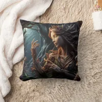 Elegant Forest Spirit Carved From Wood at Dusk Throw Pillow