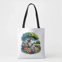 Girl Reading under a Tree Surrounded by Flowers Tote Bag